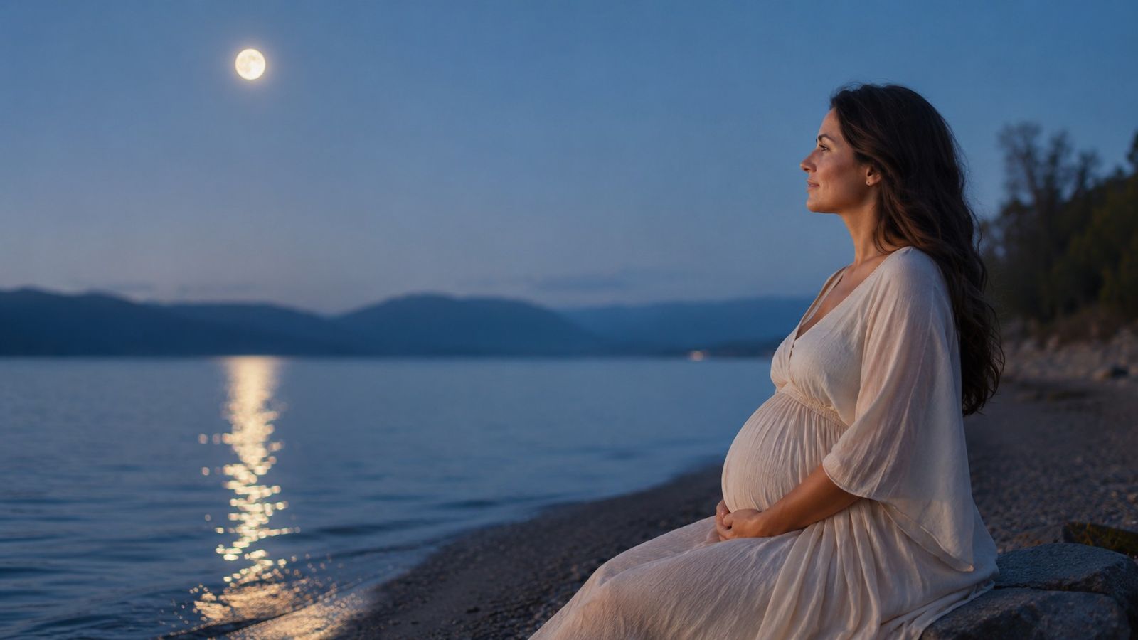 月あかりの海辺にたたずむ妊婦